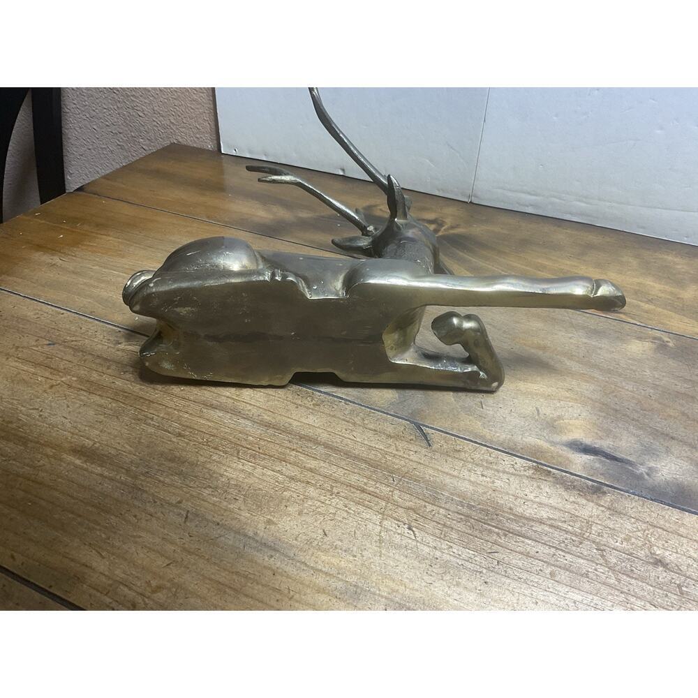 Vintage Solid Brass Stag Deer Sculpture Reclining Large Figurine 12in - Picture 9 of 12